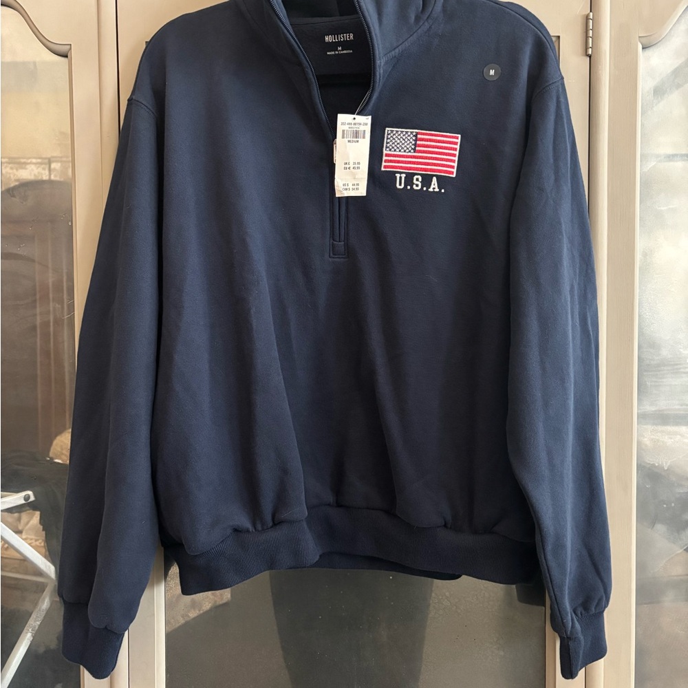 Hollister Women's Navy Zip-Up Sweatshirt with USA Flag
